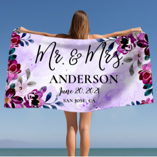 Beautiful Floral Mr & Mrs Wedding or Anniversary  Beach Towel