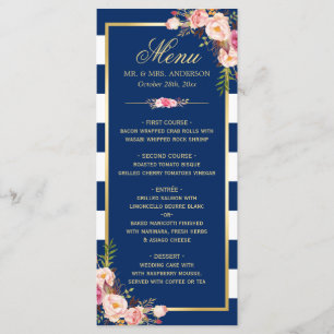 Beautiful Floral Navy Blue Striped Wedding Menu