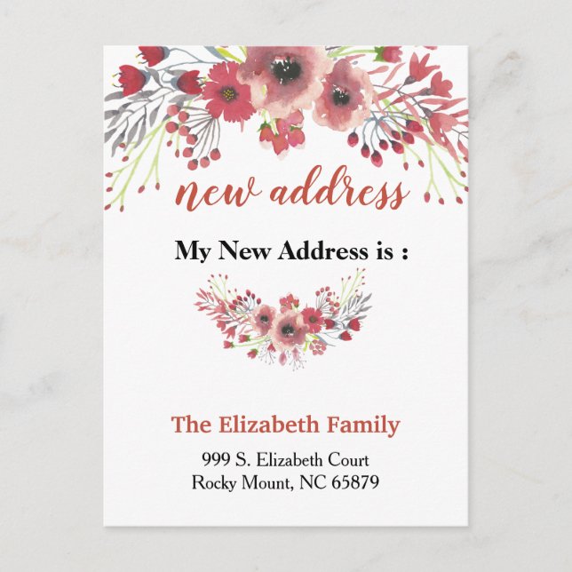 Beautiful Floral New Address Moving Announcement Postcard (Front)