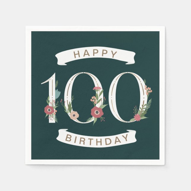Beautiful Floral Numerals 100th Birthday Napkins (Front)
