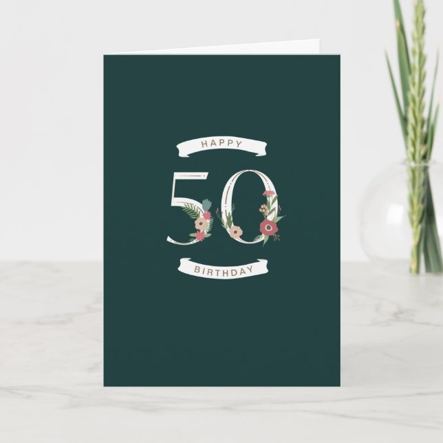 Beautiful Floral Numerals 50th Birthday Card (Front)