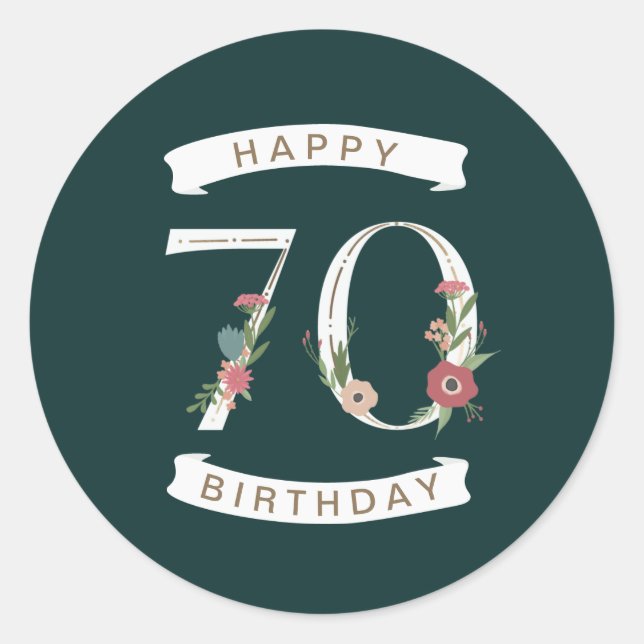 Beautiful Floral Numerals 70th Birthday Classic Round Sticker (Front)
