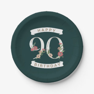 Beautiful Floral Numerals 90th Birthday Paper Plate