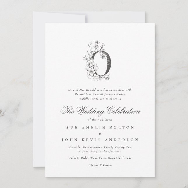Beautiful Floral 'O' Monogram Sketched Wedding Invitation (Front)