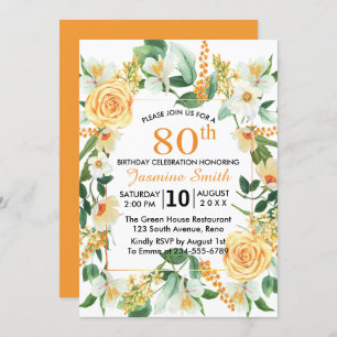 Beautiful Floral Orange 80th Birthday Party Invitation
