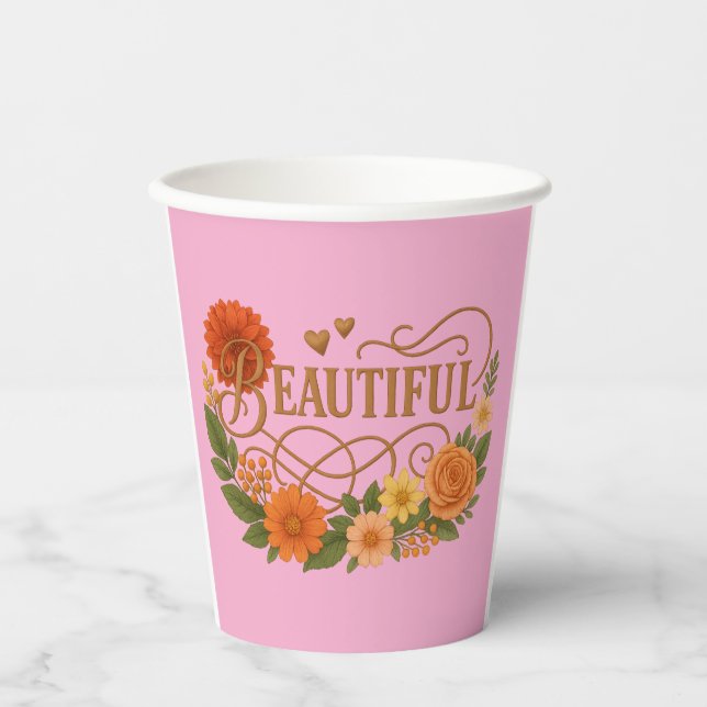 Beautiful Floral Paper Cup | Elegant Gold & Orange (Front)