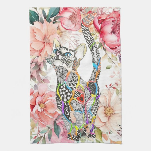 Beautiful Floral Pastel Cat Kitchen Towel (Vertical)