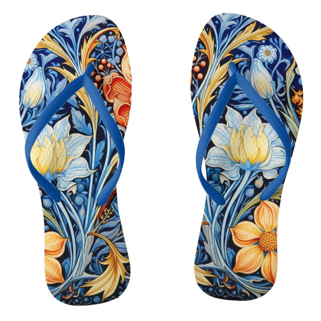 Beautiful  Floral Pattern Blue Yellow Orange Thongs (Footbed)