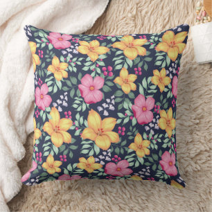 Beautiful Floral Pattern Flowers Foliage Blue Pink Cushion
