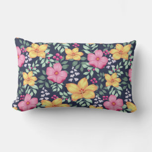 Beautiful Floral Pattern Flowers Foliage Blue Pink Lumbar Cushion