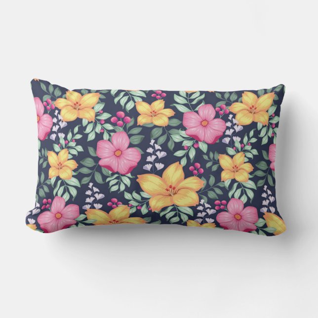 Beautiful Floral Pattern Flowers Foliage Blue Pink Lumbar Cushion (Front)
