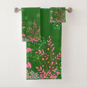 Beautiful Floral Pattern on Green Background Bath Towel Set