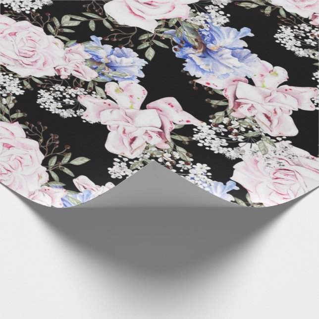 Beautiful Floral Pattern Roses Iris Pink Blue  Wrapping Paper (Corner)