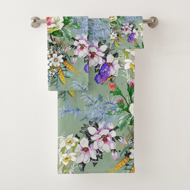Beautiful Floral Pattern Roses Wildflowers Green Bath Towel Set (Insitu)
