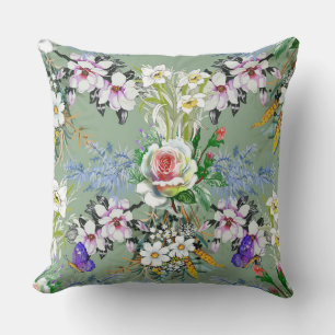 Beautiful Floral Pattern Roses Wildflowers Green Cushion