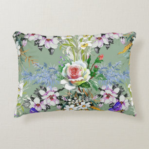 Beautiful Floral Pattern Roses Wildflowers Green Decorative Cushion