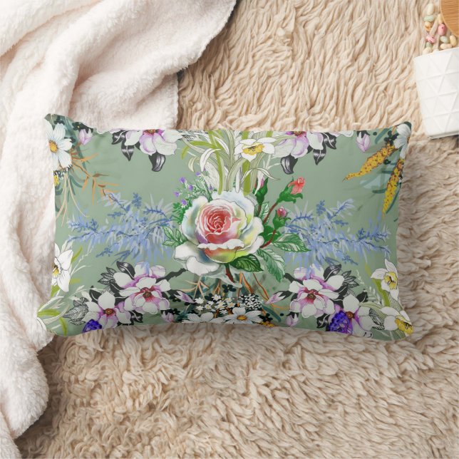 Beautiful Floral Pattern Roses Wildflowers Green Lumbar Cushion (Blanket)