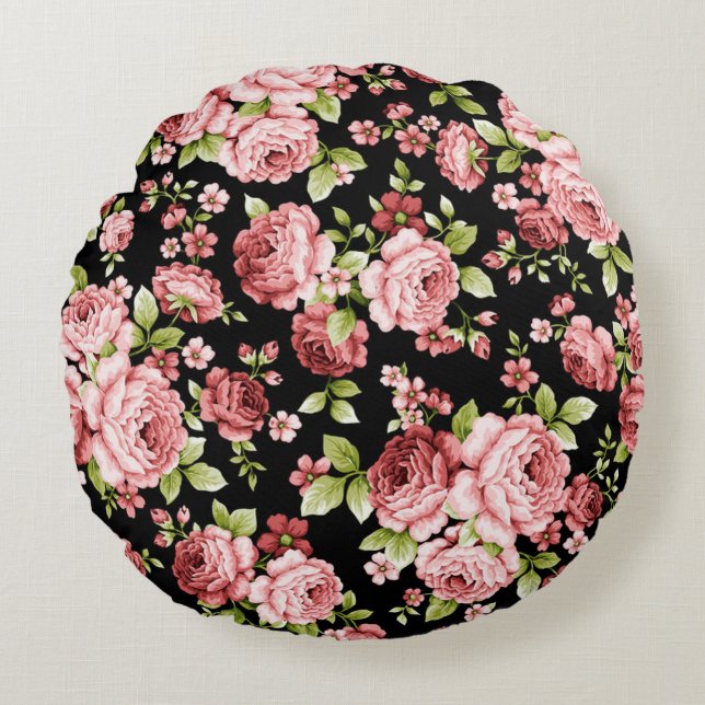Beautiful Floral Pattern Roses with Green Foliage Round Cushion (Front)