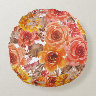Beautiful Floral Pattern With Bright Autumn Leaves Round Cushion