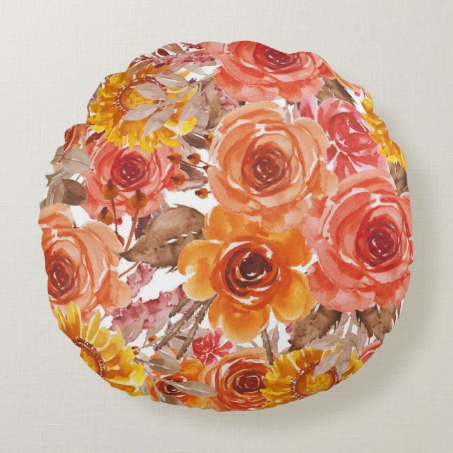 Beautiful Floral Pattern With Bright Autumn Leaves Round Cushion (Front)