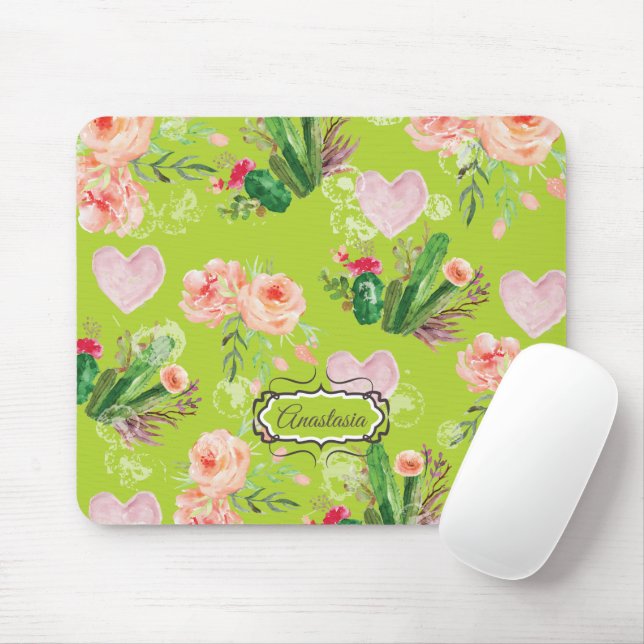 Beautiful Floral Personalised Cactus Mouse Pad (With Mouse)