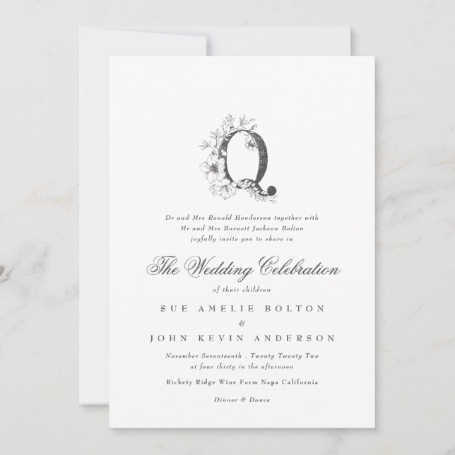 Beautiful Floral 'Q' Monogram Sketched Wedding Invitation (Front)