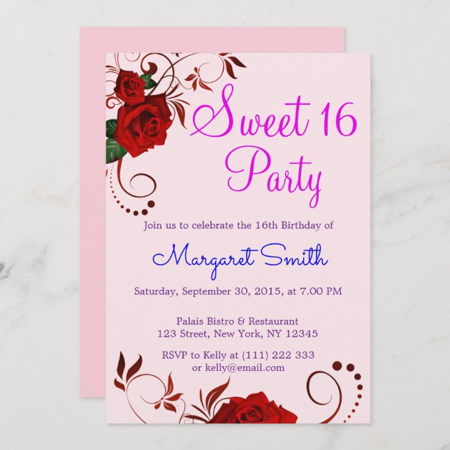 Beautiful Floral Red Rose Sweet 16 Invite (Front/Back)
