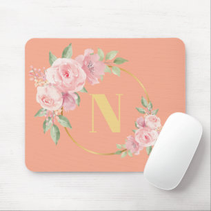 Beautiful Floral Ring with Initial Peach Mouse Pad
