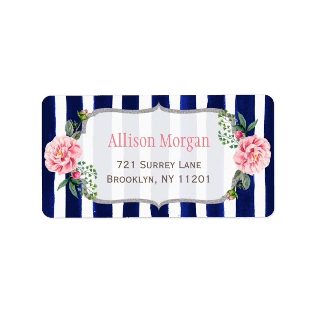 Beautiful Floral Silver Glitter Navy Blue Stripes Label (Front)
