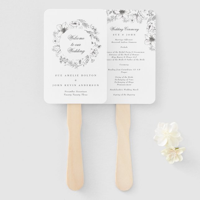 Beautiful Floral Sketched Wedding Program Hand Fan (Front and Back)