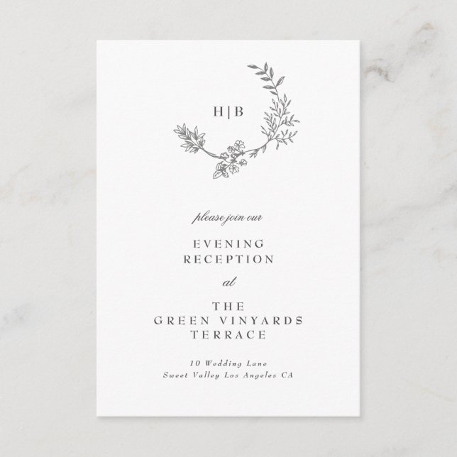 Beautiful Floral Sketched Wreath Wedding Reception Enclosure Card (Front)