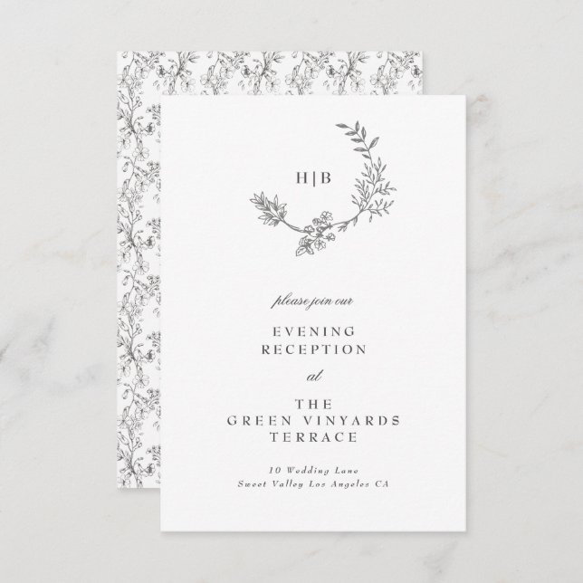 Beautiful Floral Sketched Wreath Wedding Reception Enclosure Card (Front/Back)