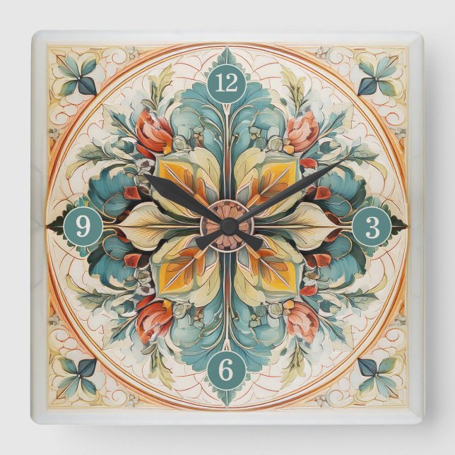 Beautiful Floral Tile Pat#15 Teal Yellow ID1078 Square Wall Clock (Front)