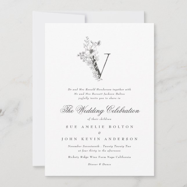 Beautiful Floral 'V' Monogram Sketched Wedding Invitation (Front)