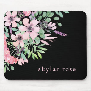 Beautiful Floral Watercolor Bouquet on Black Mouse Pad