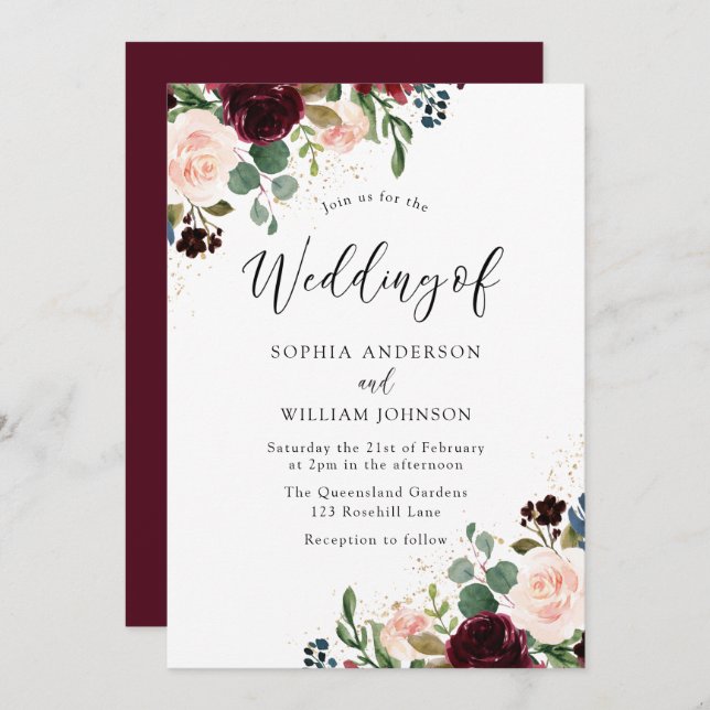 Beautiful Floral Watercolor Burgundy Wedding Invitation (Front/Back)