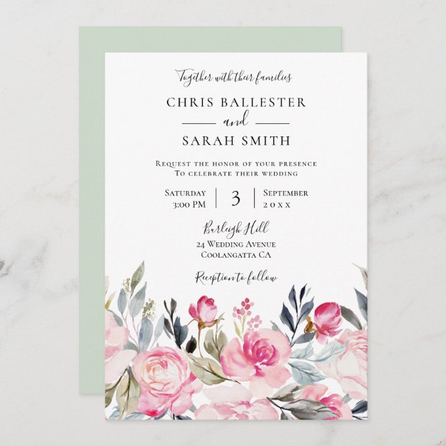 Beautiful Floral Watercolor Spring Wedding Invitation (Front/Back)