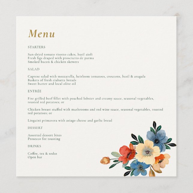 Beautiful Floral Watercolor Wedding Menu (Front)