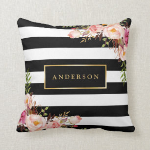 Beautiful Floral Wrap Gold Frame Elegant Stripes Cushion