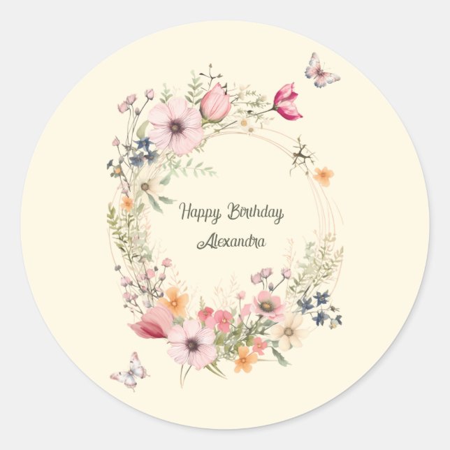 Beautiful Floral Wreath and Butterflies Birthday Classic Round Sticker (Front)