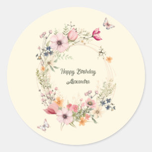 Beautiful Floral Wreath and Butterflies Birthday Classic Round Sticker