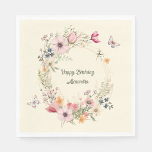 Beautiful Floral Wreath and Butterflies Birthday Napkin