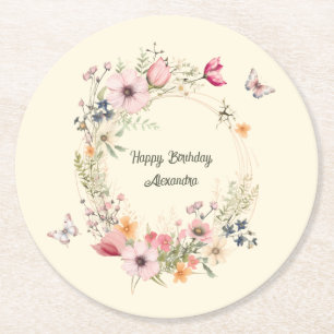 Beautiful Floral Wreath and Butterflies Birthday Round Paper Coaster