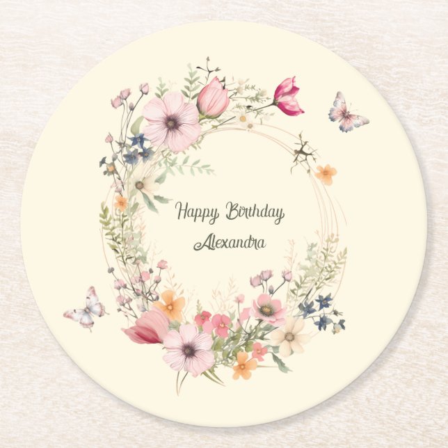 Beautiful Floral Wreath and Butterflies Birthday Round Paper Coaster (Front)
