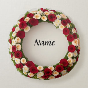 Beautiful Floral Wreath with Colourful Flowers Round Cushion