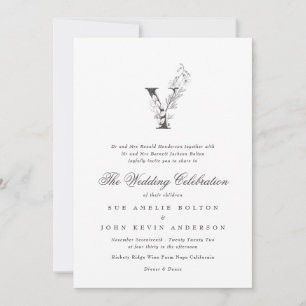 Beautiful Floral 'Y' Monogram Sketched Wedding Invitation