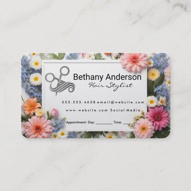 Beautiful Flower Border | Hair Stylist Logo Appointment Card (Front)