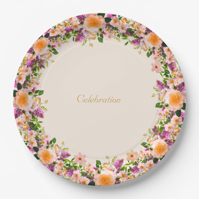 Beautiful flower crown  wreath on sand beige paper plate (Front)