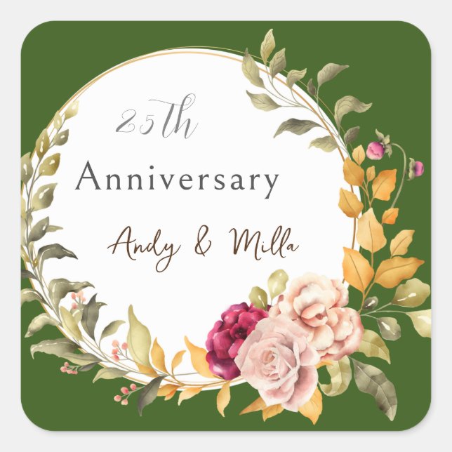 Beautiful Flower Wreath Green Wedding Anniversary Square Sticker (Front)