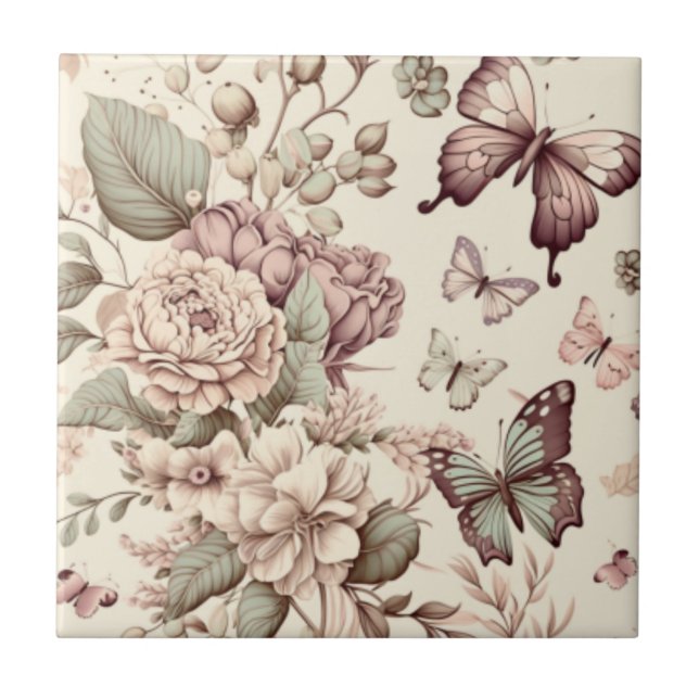 Beautiful flowers and butterflies pastel colours ceramic tile (Front)